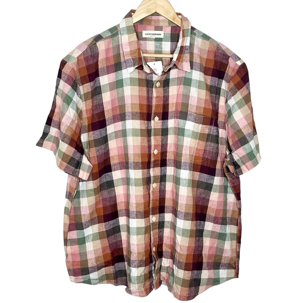 Lucky Brand Linen Blend Plaid Short Sleeve Shirt Mens Size XXL Camp Button Up